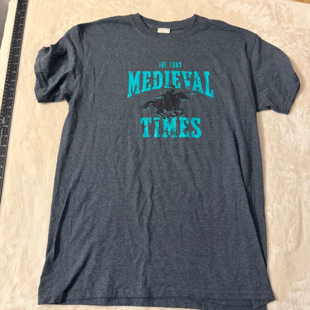 Medieval Times Dinner Tournament Graphic T-Shirt Mens Medium Gray Teal Knight